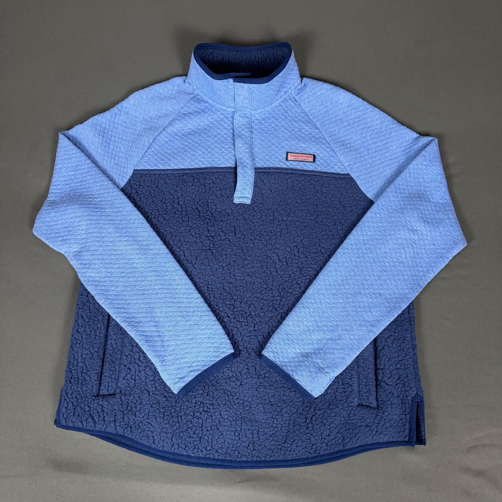 Vineyard Vines Pullover Womens L Blue Quilted Sherpa Fleece Snap Sweater